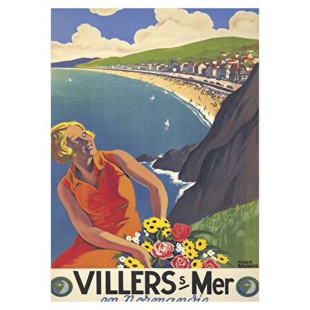 Villers-sur-Mer Sahili Temalı Retro Ahşap Poster Tablo