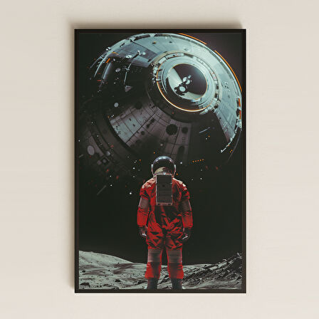 Ay Yüzeyinde Kırmızı Astronot ve Uzay Modülü Temalı Pleksi Tablo