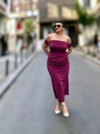 STRAPLEZ BALON KOL DRAPELİ MİDİ BOY ABİYE