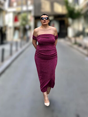 STRAPLEZ BALON KOL DRAPELİ MİDİ BOY ABİYE