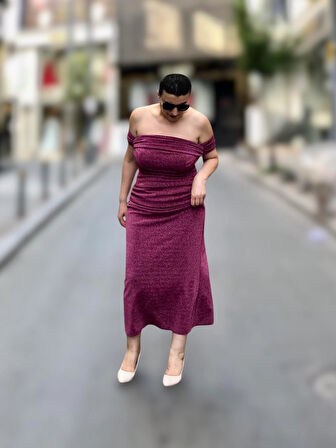 STRAPLEZ BALON KOL DRAPELİ MİDİ BOY ABİYE