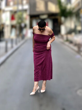 STRAPLEZ BALON KOL DRAPELİ MİDİ BOY ABİYE