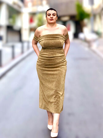 STRAPLEZ BALON KOL DRAPELİ MİDİ BOY ABİYE