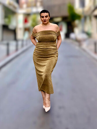 STRAPLEZ BALON KOL DRAPELİ MİDİ BOY ABİYE