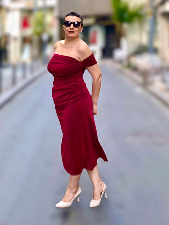 STRAPLEZ BALON KOL DRAPELİ MİDİ BOY ABİYE