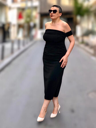 STRAPLEZ BALON KOL DRAPELİ MİDİ BOY ABİYE