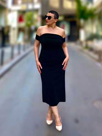 STRAPLEZ BALON KOL DRAPELİ MİDİ BOY ABİYE