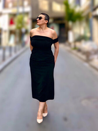 STRAPLEZ BALON KOL DRAPELİ MİDİ BOY ABİYE