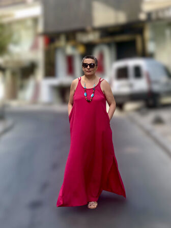 CEP DETAYLI ASKILI SALAŞ ELBİSE