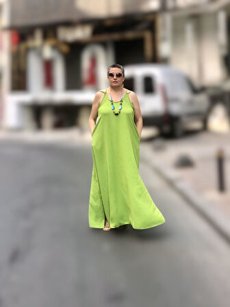 CEP DETAYLI ASKILI SALAŞ ELBİSE