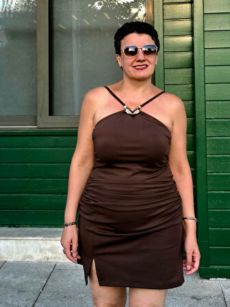 DRAPELİ HALTER MİNİ ELBİSE