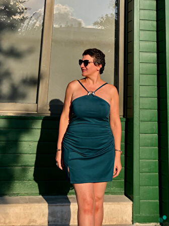 DRAPELİ HALTER MİNİ ELBİSE