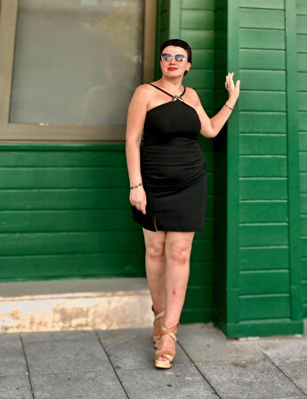 DRAPELİ HALTER MİNİ ELBİSE