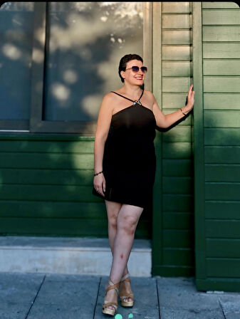 DRAPELİ HALTER MİNİ ELBİSE