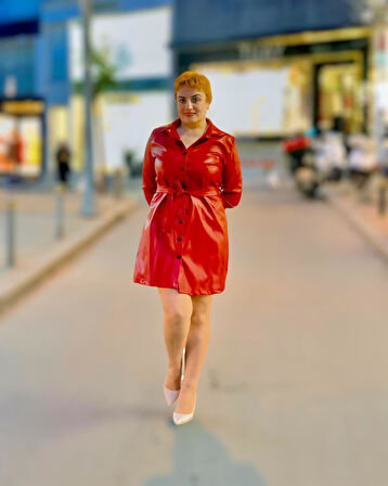 Gömlek yaka uzun kol deri elbise