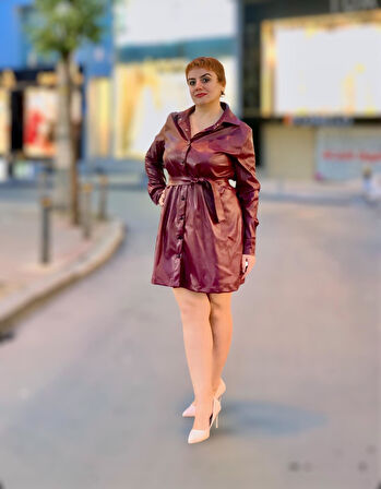 Gömlek yaka uzun kol deri elbise