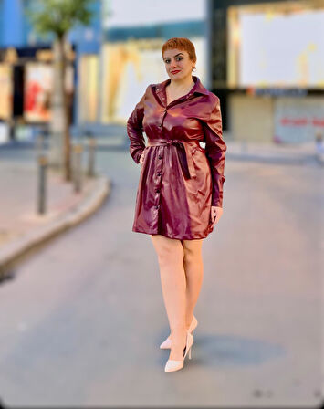 Gömlek yaka uzun kol deri elbise