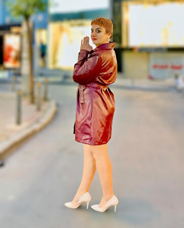 Gömlek yaka uzun kol deri elbise