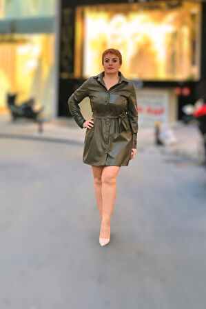 Gömlek yaka uzun kol deri elbise