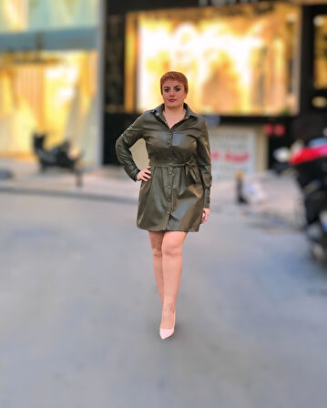 Gömlek yaka uzun kol deri elbise