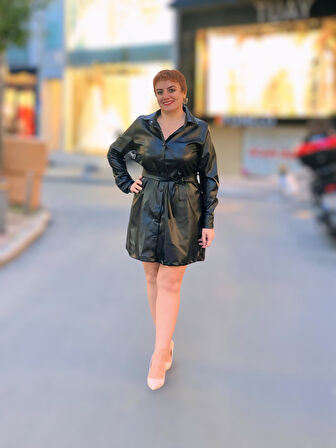 Gömlek yaka uzun kol deri elbise