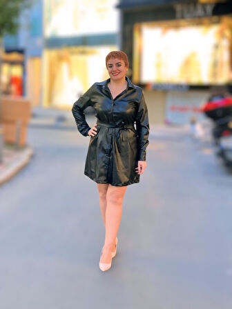 Gömlek yaka uzun kol deri elbise