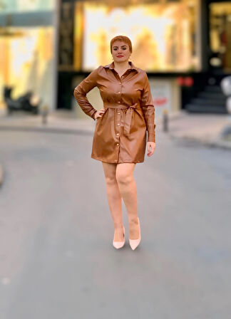 Gömlek yaka uzun kol deri elbise