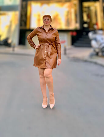 Gömlek yaka uzun kol deri elbise