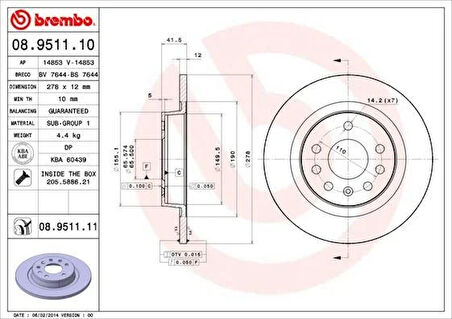 ARKA FREN AYNASI VECTRA C 02 SIGNUM 03 SAAB 9.3 02 CROMA 05 278x12x5DL DOLU