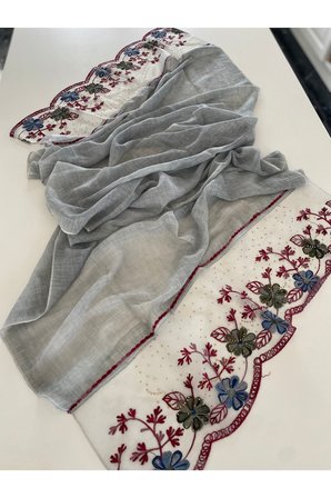 Gri Nakışlı Ve Taş İşleme Organik Pamuk İthal Şal