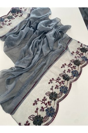 Antrasit Nakışlı Ve Taş İşleme Organik Pamuk İthal Şal