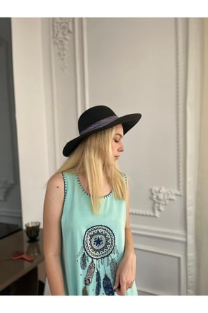 Geniş Bantlı Fiyonklu Geniş Kenarlı Siyah Şık Hasır Kadın Plaj Şapkası