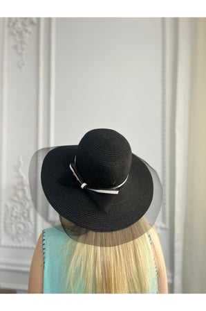 Tül Kenarlı Ve Fiyonk Detaylı Geniş Kenarlı Siyah Şık Hasır Kadın Plaj Şapkası