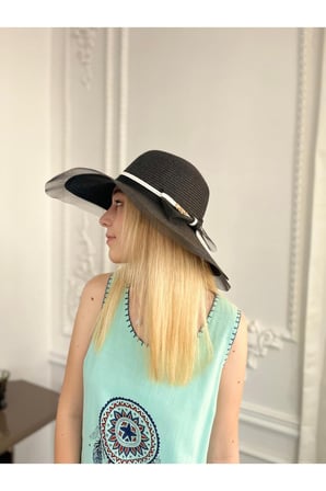 Tül Kenarlı Ve Fiyonk Detaylı Geniş Kenarlı Siyah Şık Hasır Kadın Plaj Şapkası