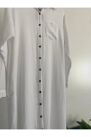 Kadın Beyaz Yırtmaçlı Uzun Kollu Gömlek Yaka Organik Pamuk Kaftan Kimono