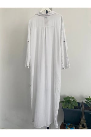 Kadın Beyaz Yırtmaçlı Uzun Kollu Gömlek Yaka Organik Pamuk Kaftan Kimono