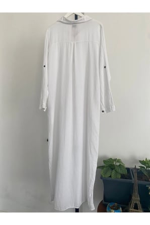 Kadın Beyaz Yırtmaçlı Uzun Kollu Gömlek Yaka Organik Pamuk Kaftan Kimono