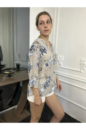 Kadın Naturel Hakim Yaka Keten Gömlek Bluz