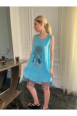 Kadın Naturel Dokuma Etnik Yazlık Mini Elbise