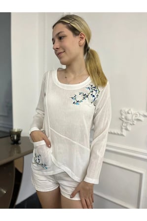 Otantik Nakışlı Uzun Kollu Organik Pamuk Bluz