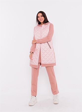 Minimal Kapitoneli Yelekli Spor Üçlü Takım - 70060 - Pudra