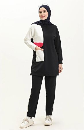 Sıfır Yandan Cep Detaylı Ribanalı İkili Eşofman Spor Takımı - 70086 - Lacivert