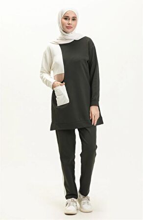 Sıfır Yandan Cep Detaylı Ribanalı İkili Eşofman Spor Takımı - 70086 - Haki