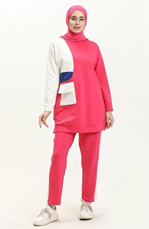 Sıfır Yandan Cep Detaylı Ribanalı İkili Eşofman Spor Takımı - 70086 - Fuşya