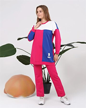 Alya Üç Renk Geçişli Garnili İkili Eşofman Spor Takımı - 70096 - Fuşya