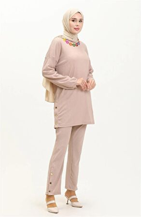 Candy Kolye Detaylı Tunik Pantolon İkili Takım - 71136 - Bej