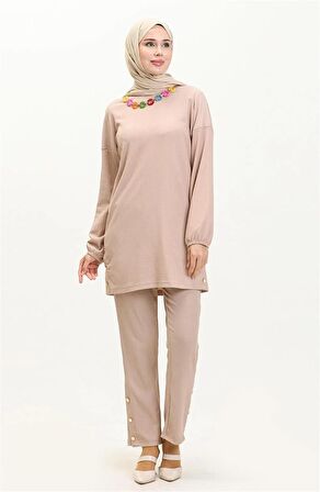 Candy Kolye Detaylı Tunik Pantolon İkili Takım - 71136 - Bej