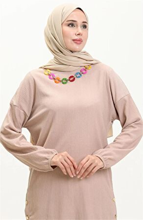 Candy Kolye Detaylı Tunik Pantolon İkili Takım - 71136 - Bej