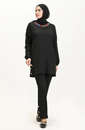 Candy Kolye Detaylı Tunik Pantolon İkili Takım - 71136 - Siyah
