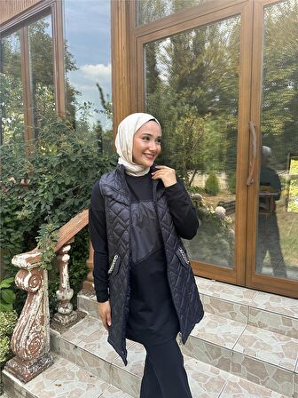 Dafne Cepli Eşofman Kolsuz Yelek Beli Lastikli Pantolon Üçlü Takım - 71149 - Lacivert